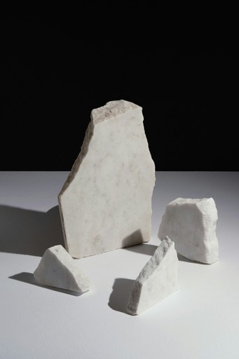 Several pieces of white marble on a white surface.