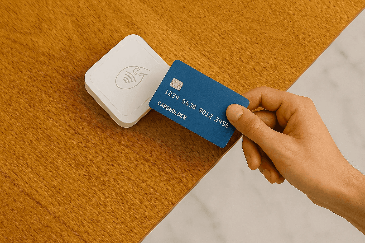 Hand holding a blue credit card over a white contactless payment reader on a wooden surface.