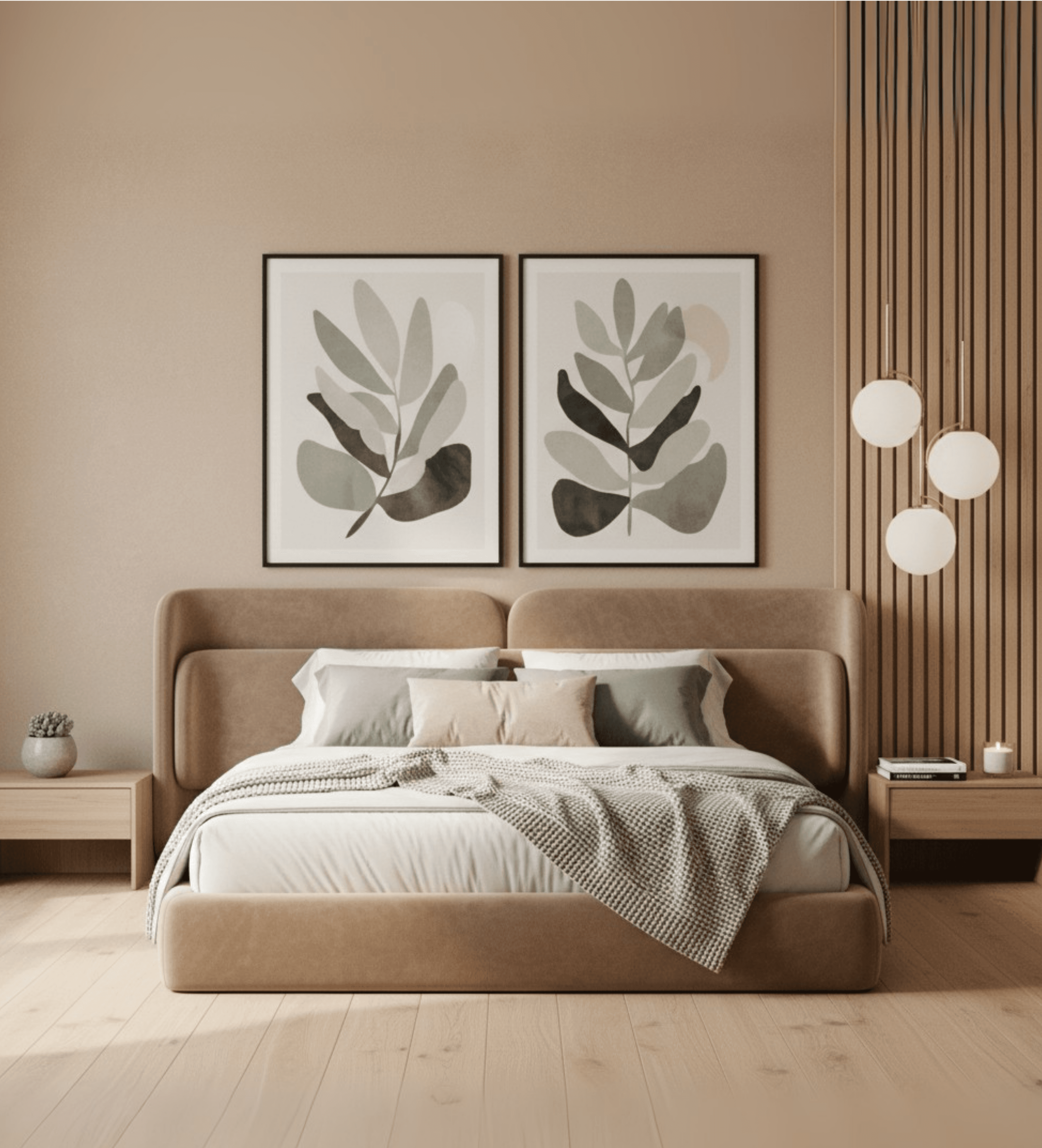 Plush beige bed with fluid curves and soft elegance.