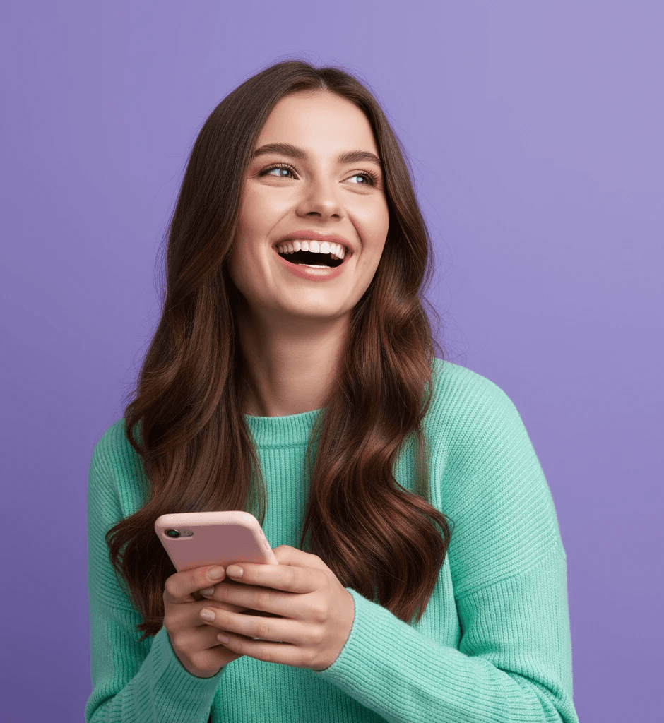Happy young woman with long brown hair laughing while looking at pink phone.