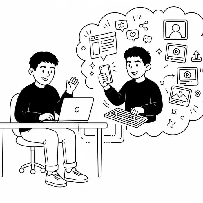 Person managing digital content and social media tasks across multiple platforms from a workspace.