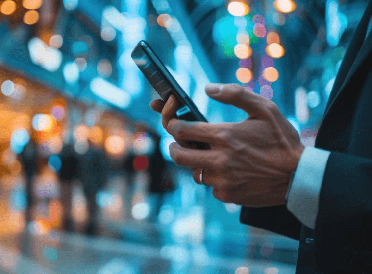 hand holding the smartphone in a shopping center scene.