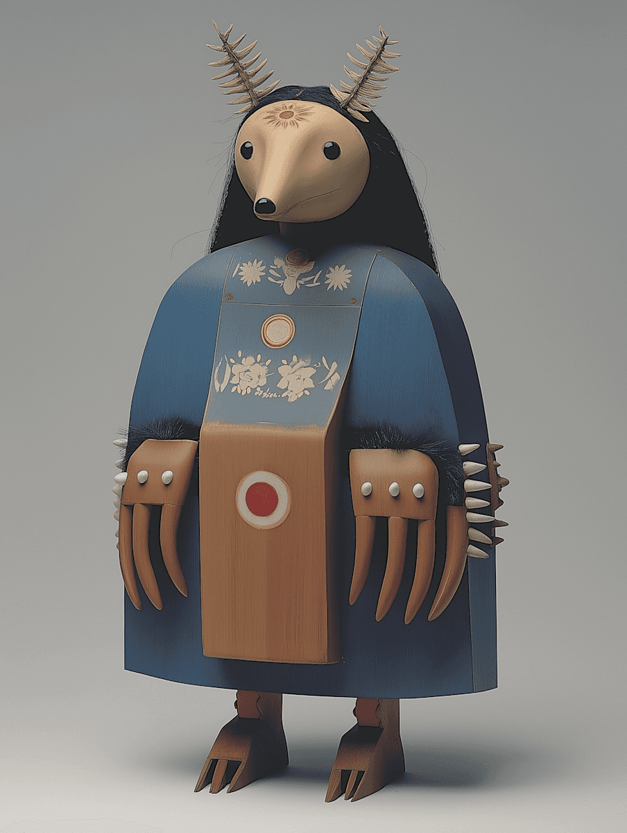 A stylized figure resembling a humanoid with a horse-like head, wearing a blue robe and holding a pouch.