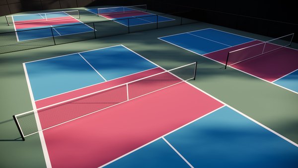 Pickleball courts that are empty, with floors in red, blue, and green colors with white lines, surrounded by trees, and equipped with lights, fencing, and seating