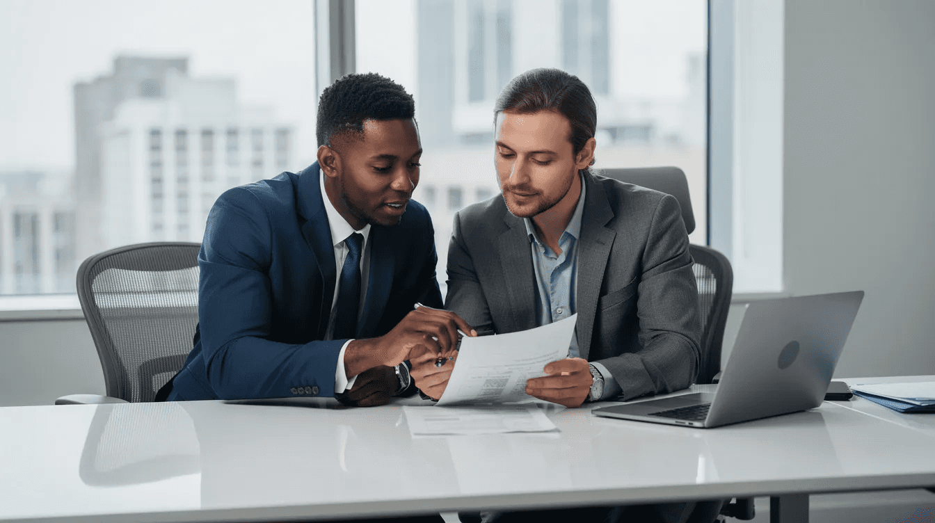 The image depicts two professionals collaborating at a modern office desk, reviewing a document while a laptop is open beside them. This scene reflects a creative web design agency's environment, highlighting teamwork and digital strategy in action.