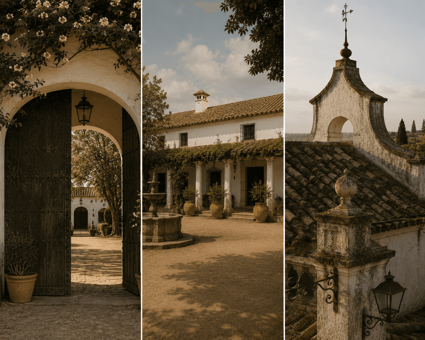 A three-panel collage capturing the rustic elegance of a Mediterranean estate or Spanish-style finca courtyard. The left panel shows a view framed through a heavy arched wooden gate wrapped in white flowering vines, looking into a sunlit gravel courtyard. The middle panel shows a wide view of a white stucco building with terracotta roof tiles, a shaded colonnade, large clay urns, and a central stone fountain. The right panel features a close-up of weathered terracotta roof tiles leading up to a small bell tower topped with a wrought-iron weather vane under a soft sky.