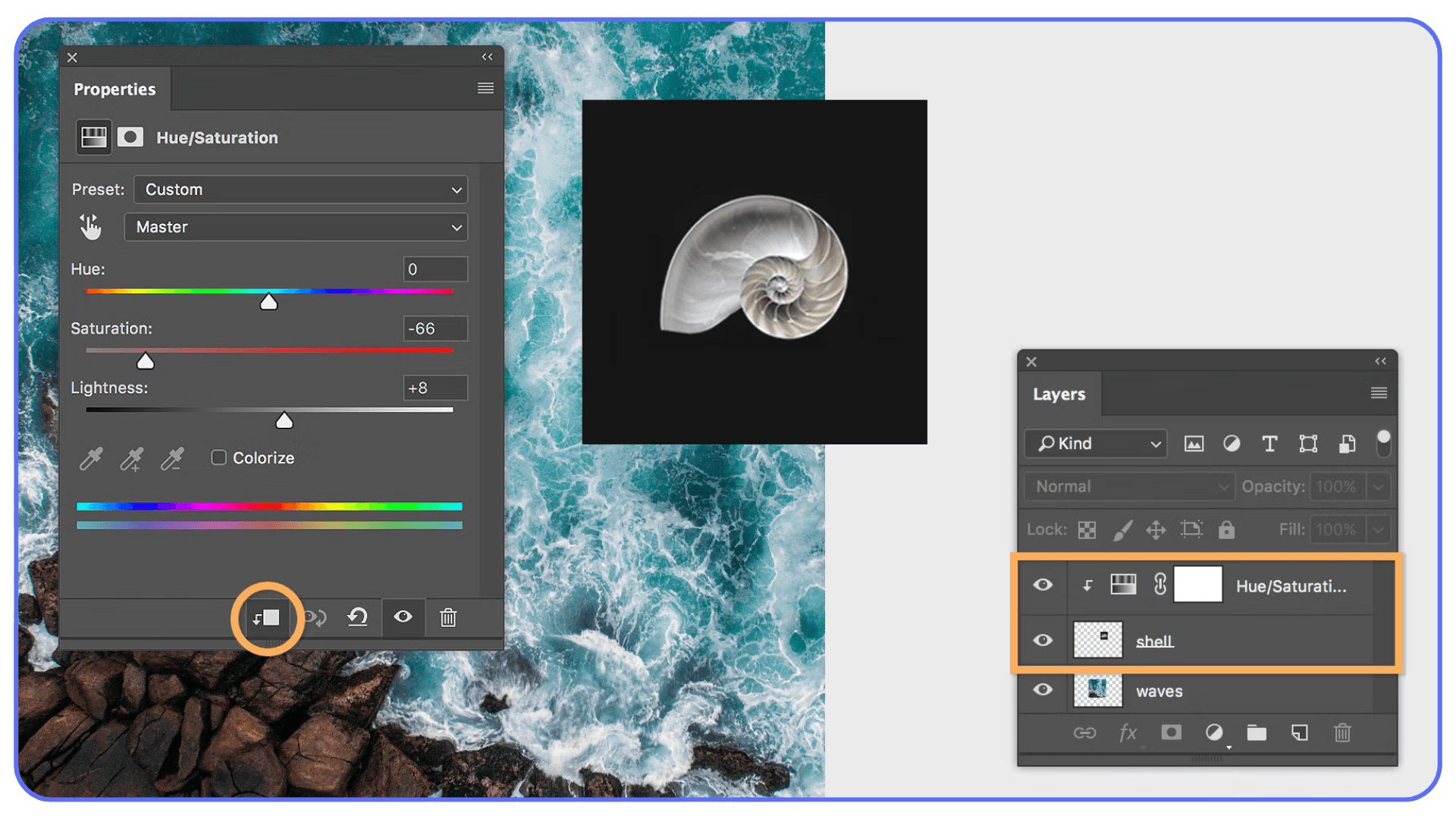 Hue and Saturation adjustment layer applied to a selected object in Photoshop