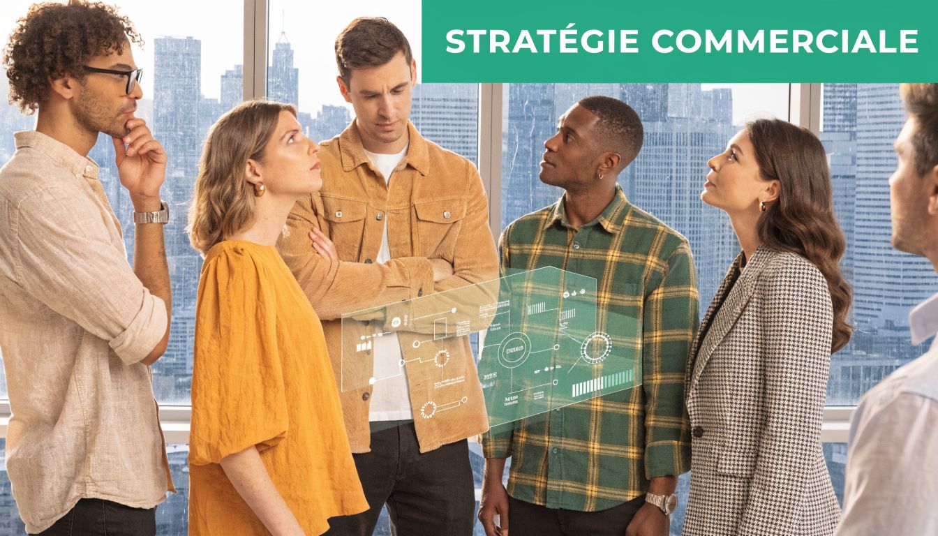 Un groupe de jeunes professionnels collaborant sur une stratégie commerciale innovante dans un bureau moderne et lumineux.