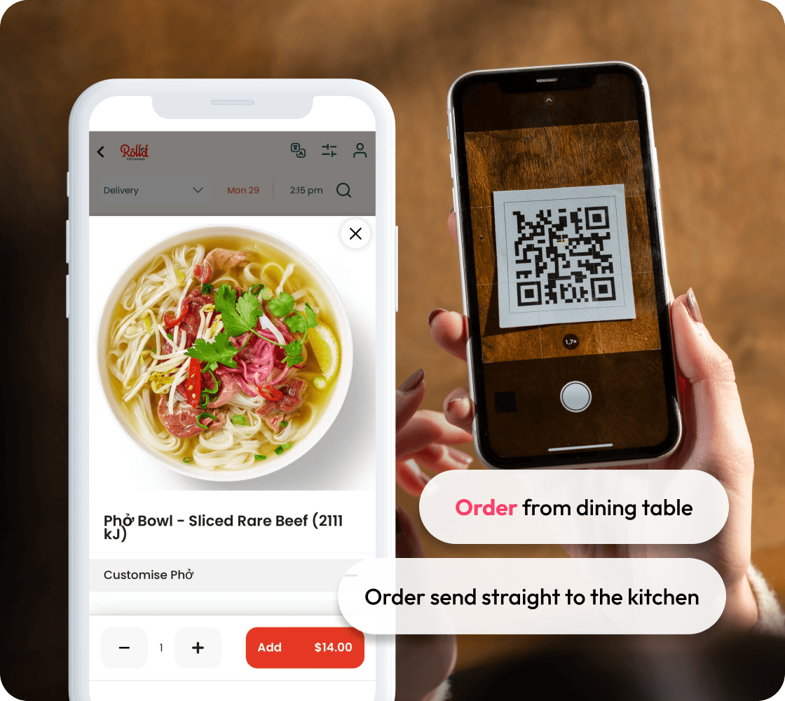 customer is scanning qr code to order food in a restaurant