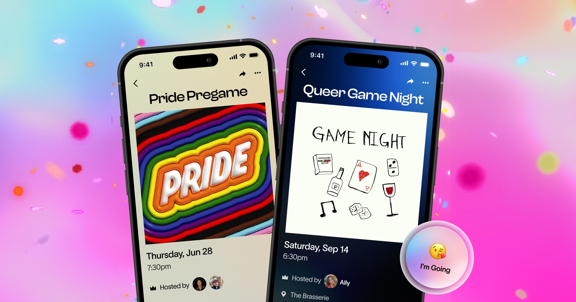  Two phones display customizable baby shower digital invitations against a dreamy pastel background with sparkles. The left screen shows a vintage-style online baby shower invite reading “Em’s having a baby!” with a blue bow design. The right screen features a modern floral digital baby shower invitation titled “Welcoming Olivia.” A floating RSVP button says “I’m Going.” Perfect for creating and sending baby shower invites online.