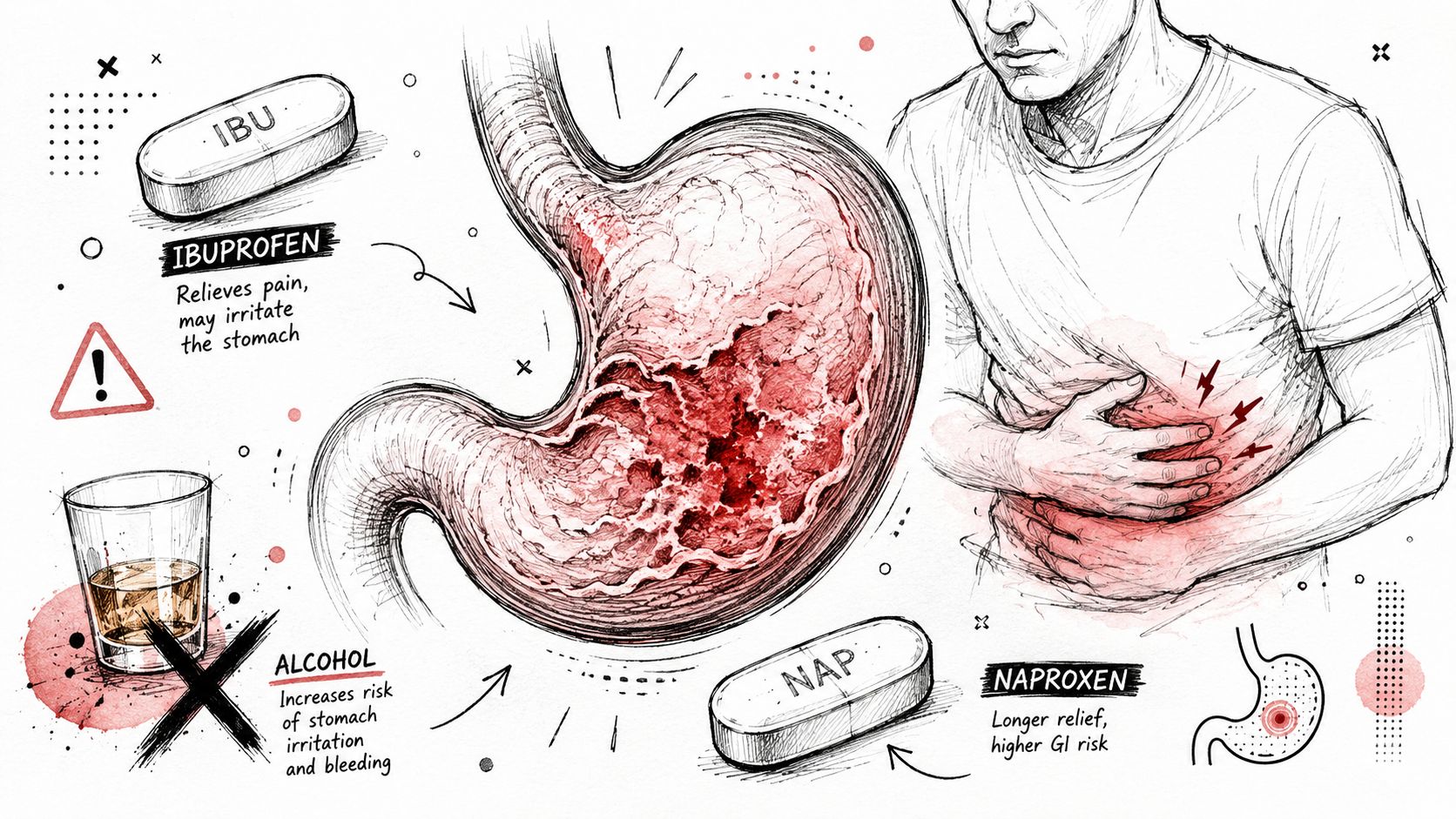 An illustration showing how ibuprofen, naproxen, and alcohol can cause stomach irritation, pain, and gastrointestinal risks.