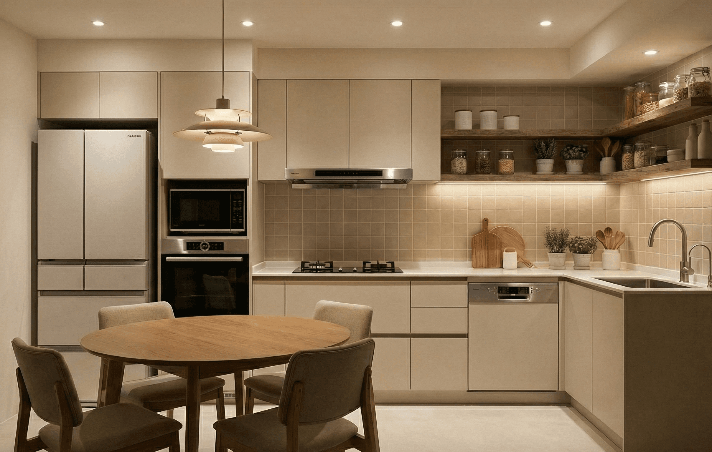 a group of houses in a field with mountains in the background