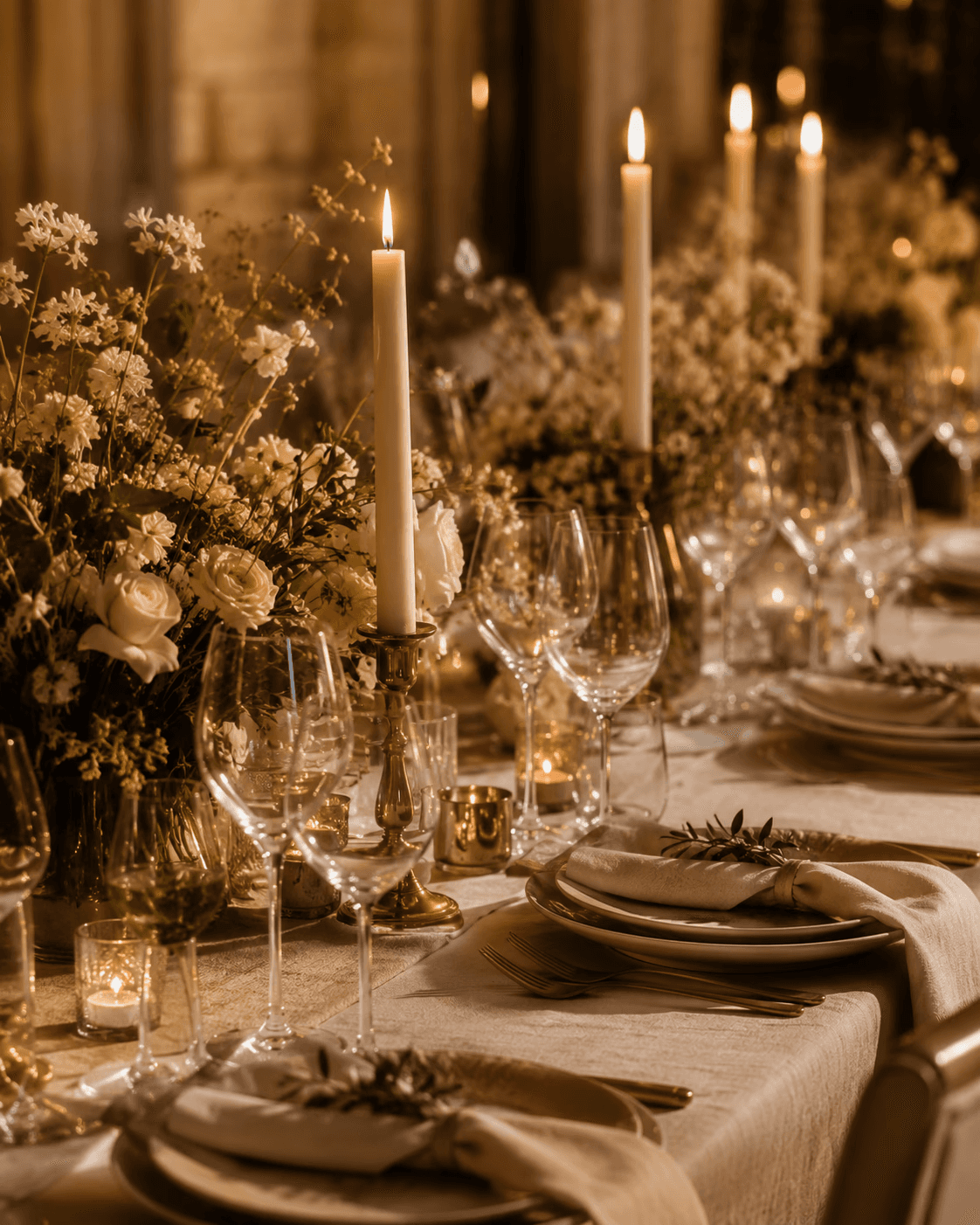Intimate candlelit dinner table with warm floral styling