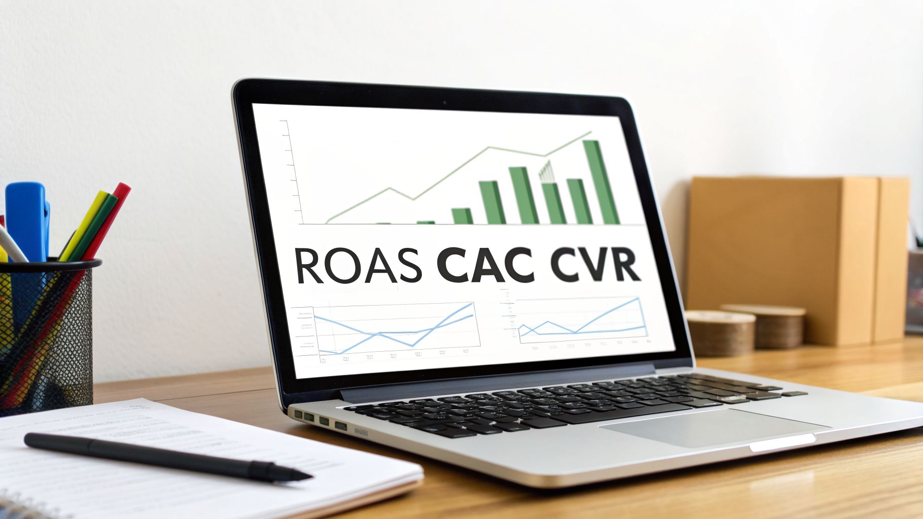 A laptop on a wooden desk displays graphs and marketing metrics ROAS, CAC, CVR.