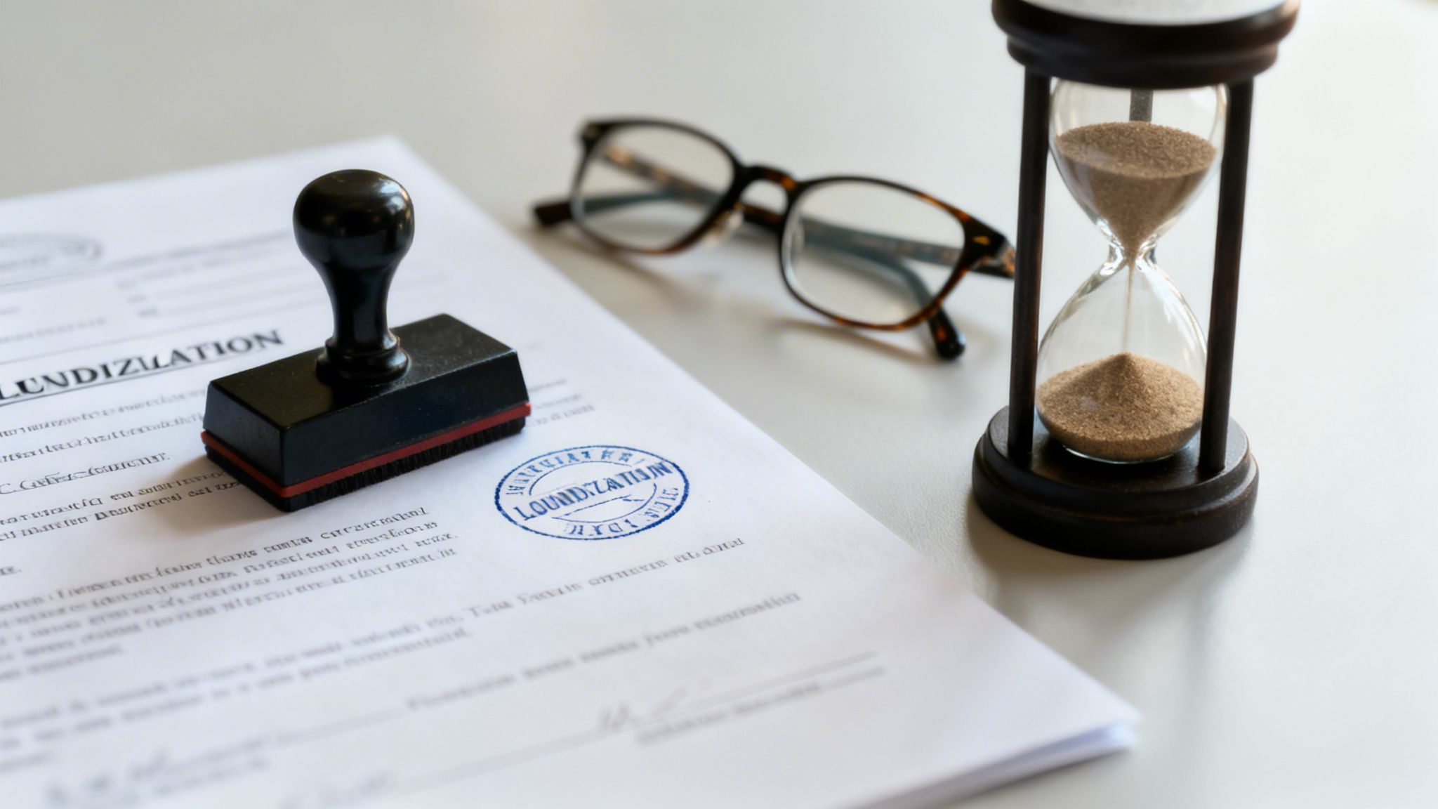 Dokument med stämpel, glasögon och timglas på ett skrivbord, symboliserar affärsprocess och tidsaspekt.