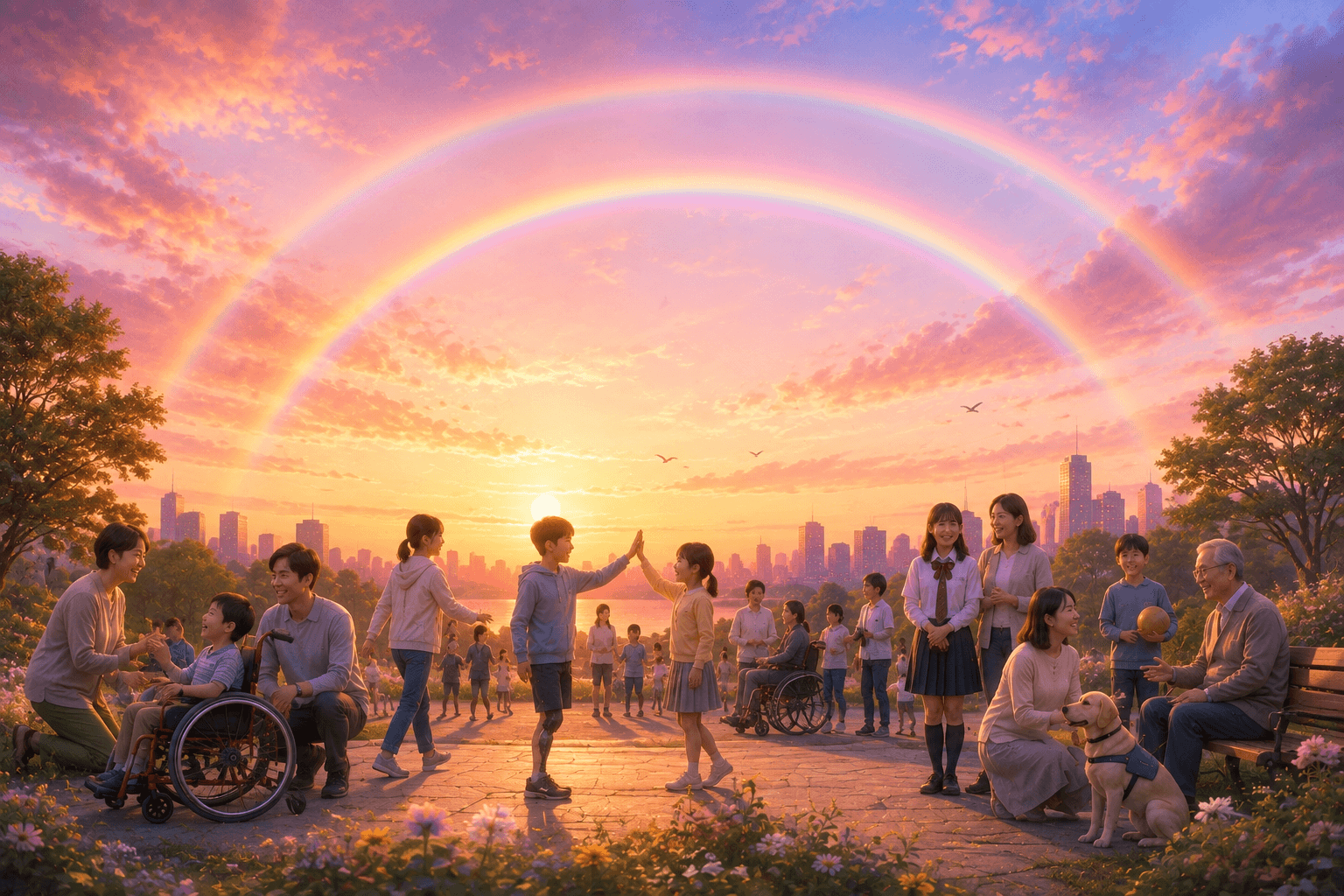 夜明けの空に広がるダブルレインボー