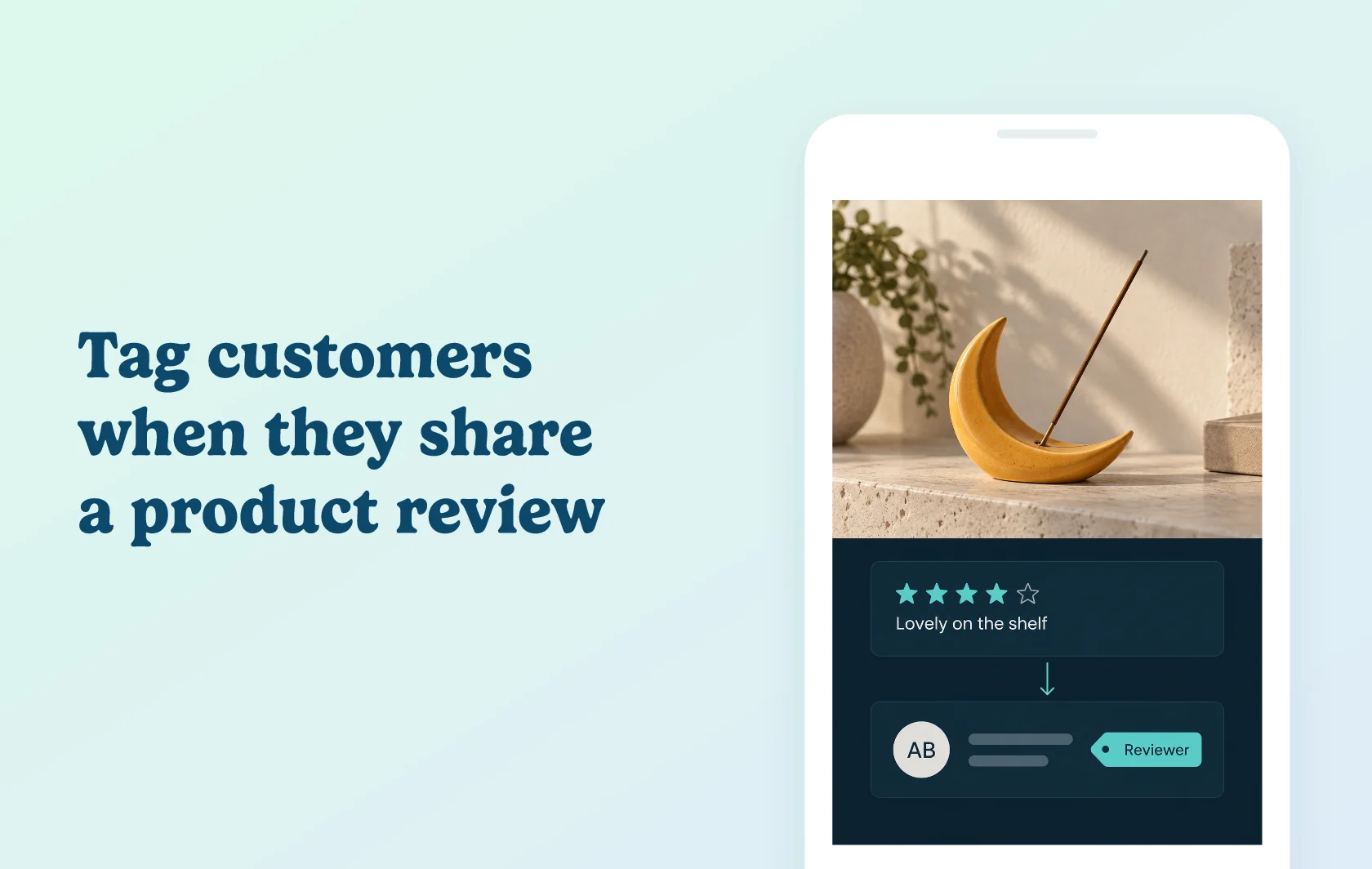Judge.me and MESA integration: illustration of an incense-holder review connected to a customer record with a Reviewer tag inside a phone.