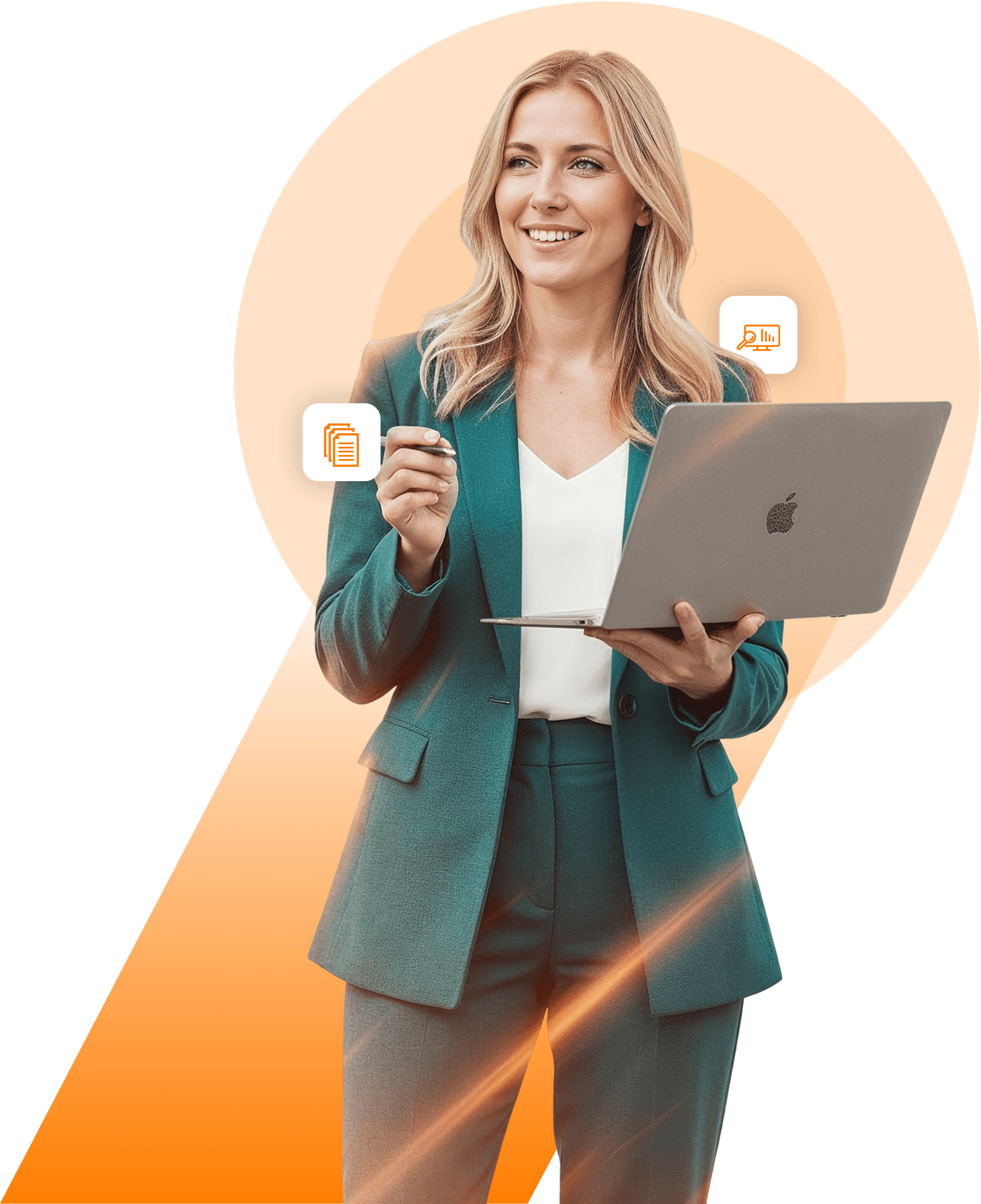 Mulher profissional sorridente em terno, segurando um laptop e uma caneta, com ícones de documentos e análise de dados. Simboliza a equipe de análise documental da GAP Sistemas e a inteligência na gestão de dados.