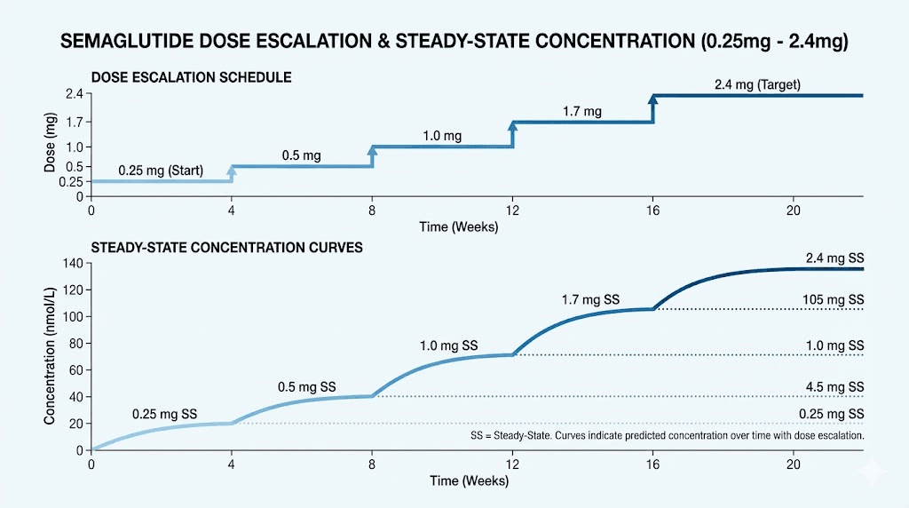 Semaglutide dose escalation schedule and steady state levels