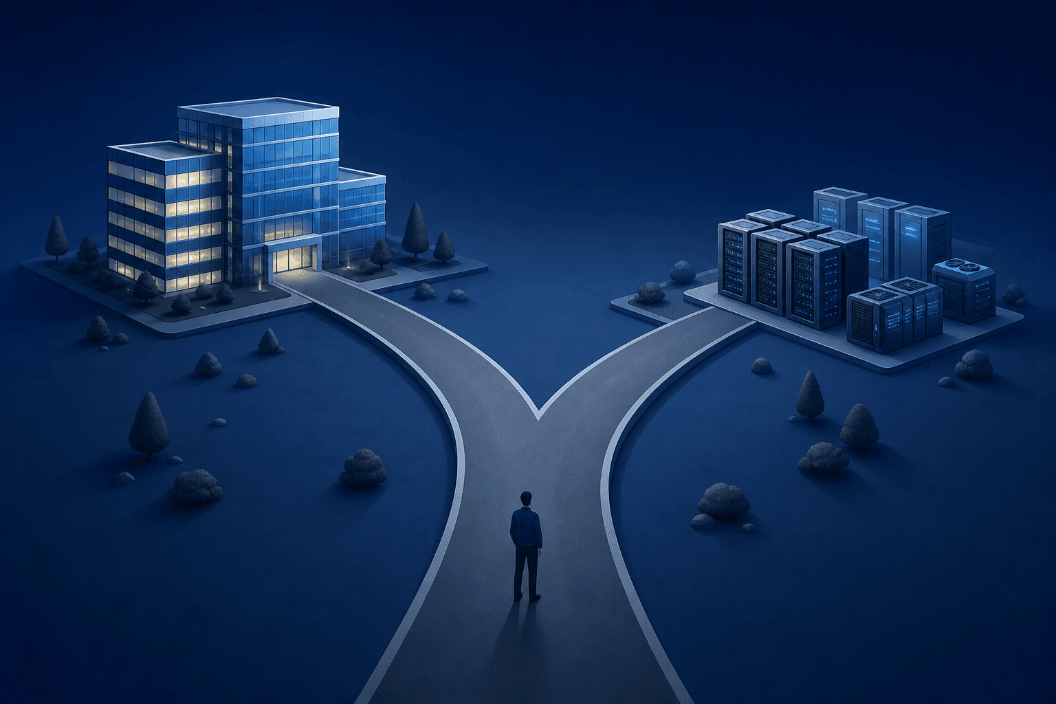 A split-path illustration showing two diverging roads at a crossroads in a minimalist flat style. One road leads toward a large modern office building representing an enterprise organization, the other toward a cluster of server racks and infrastructure equipment. The scene is viewed from above at a slight angle, set against a clean gradient background of deep navy and slate blue. No text, no labels, no signs, no letters anywhere in the image.