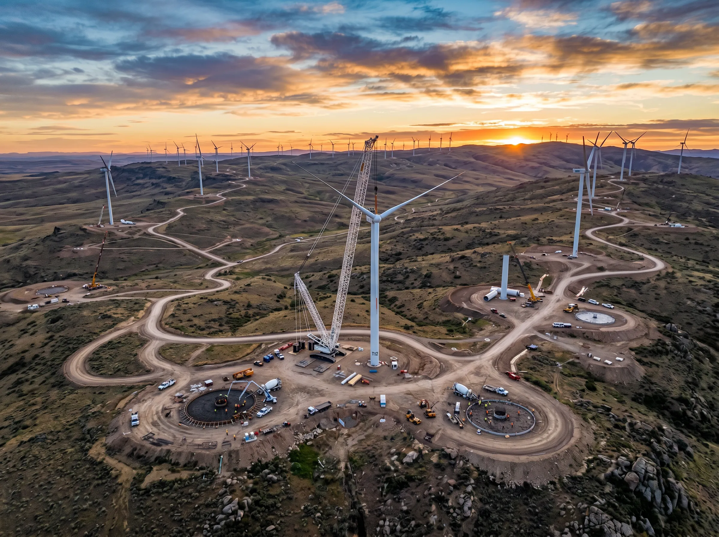 Wide aerial view of a wind farm at sunset with multiple turbines across a rugged landscape, including a turbine under construction with cranes and vehicles visible below.