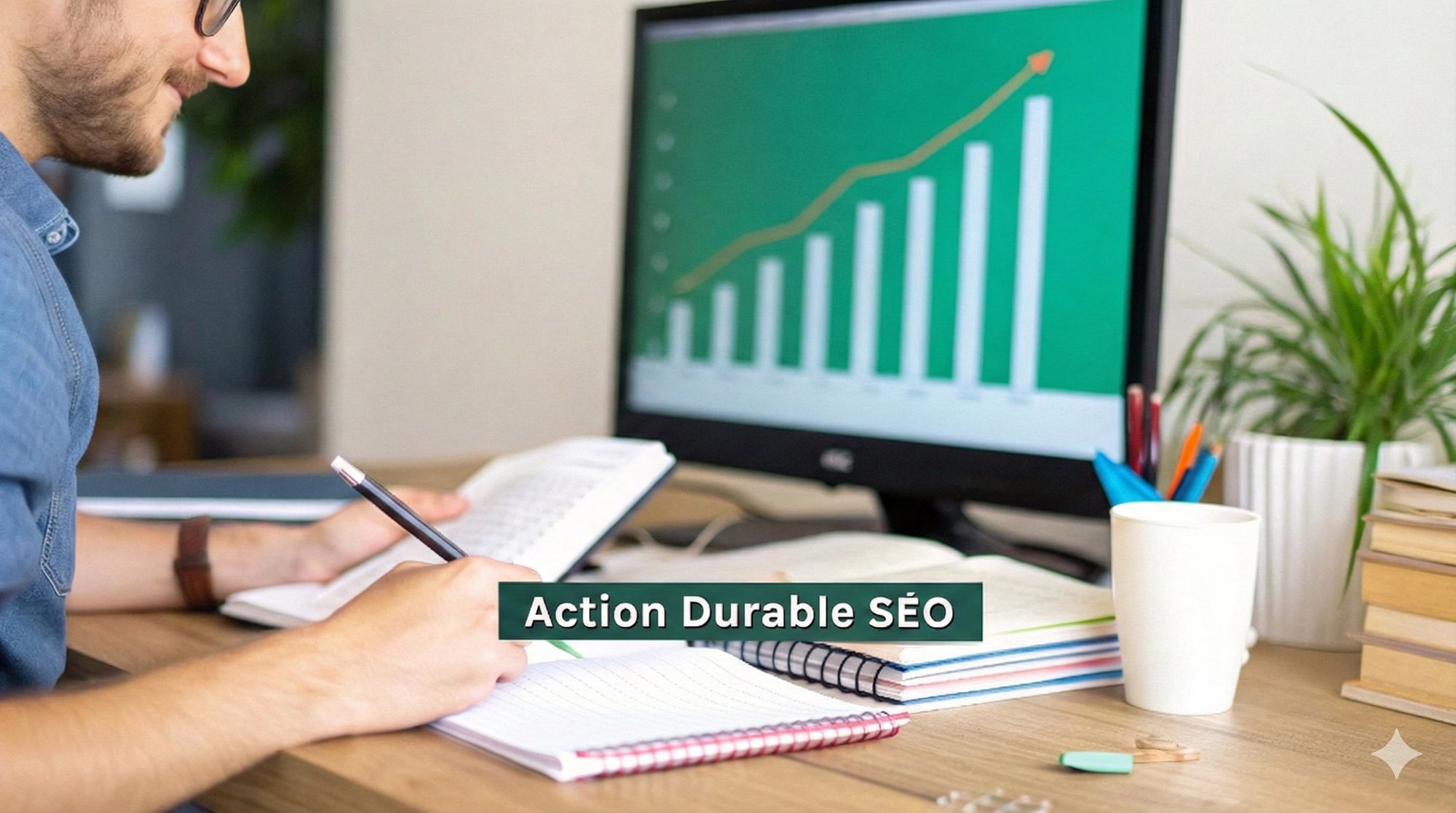 Un homme travaille sur un bureau, écrivant et consultant un graphique de croissance sur un écran. Le texte indique « Action Durable SEO ».
