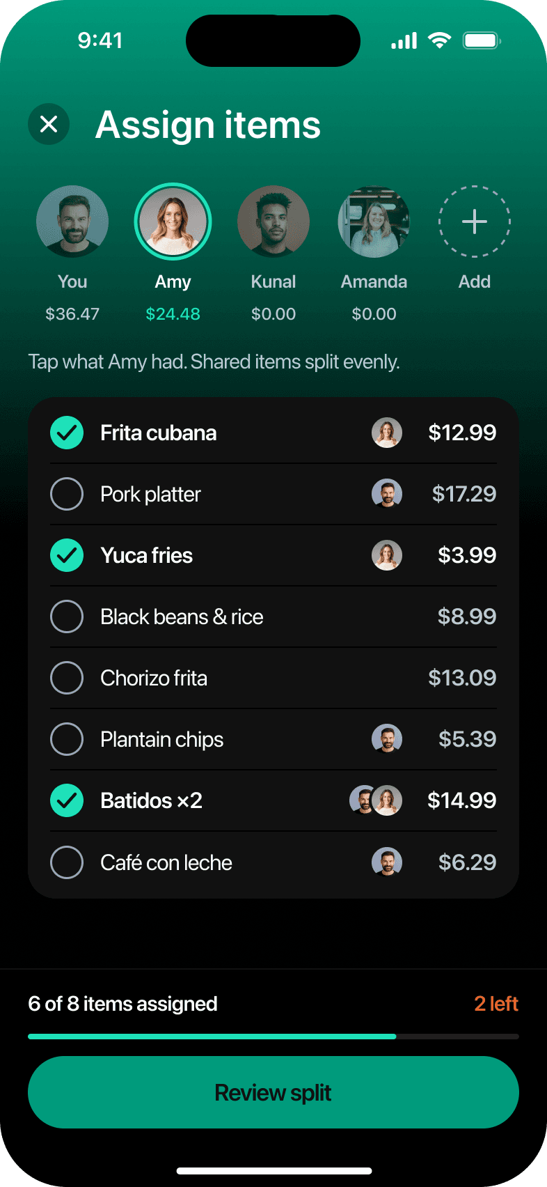 Assign items, Amy selected, 8 taps in