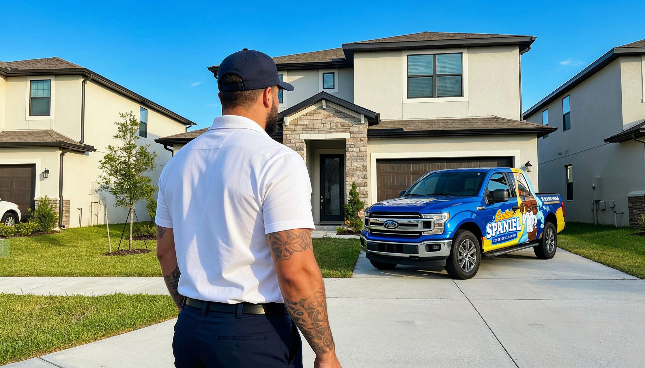 Captain Spaniel Exterior Cleaning Professional looking at house with branded truck infront of the home