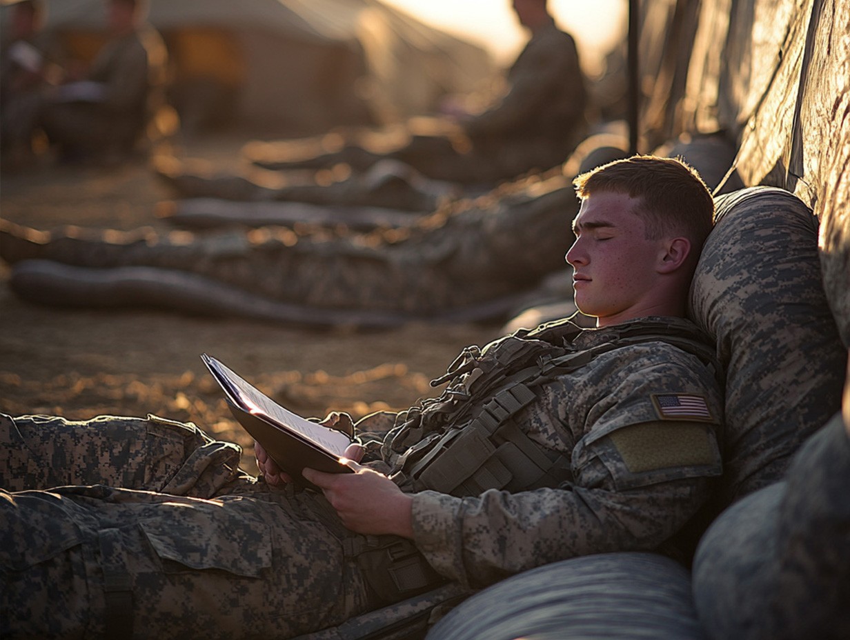 U.S. soldier in camouflage uniform reading a book while resting in a military camp at sunset. The soldier appears relaxed and focused, taking a quiet moment during field training. Military camp life, soldier relaxation, and mental preparedness during deployment.