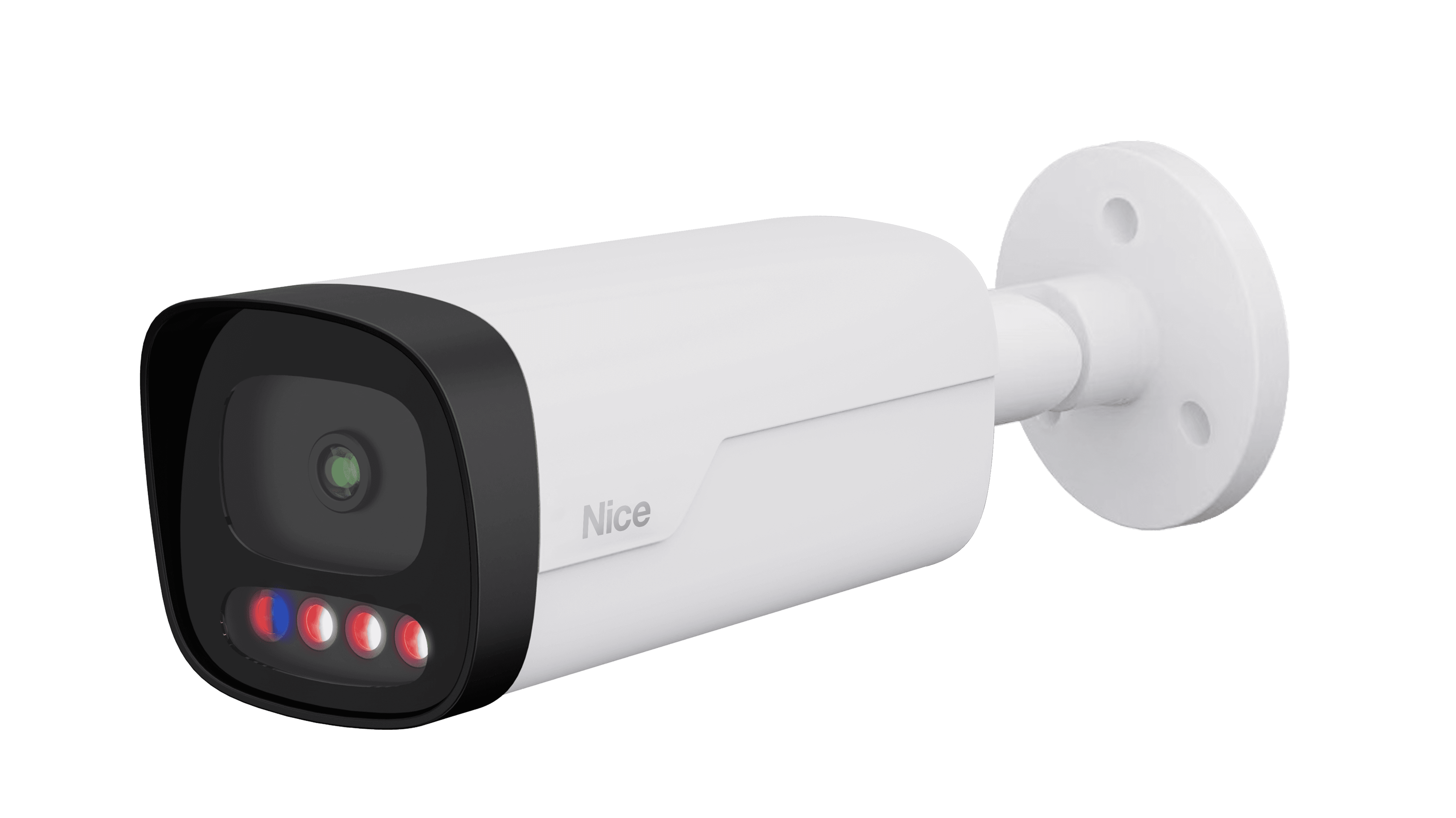 White security camera with blue and red indicator lights