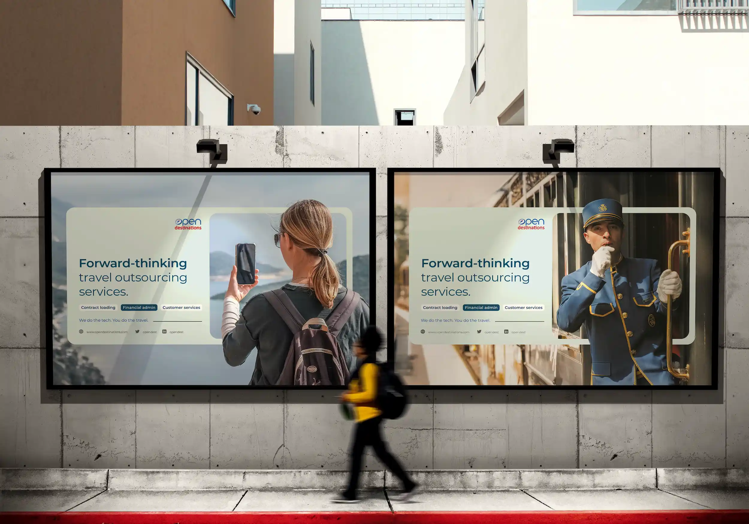 Dual billboard posters on a street for Open Destinations promoting “Forward-thinking travel outsourcing services” with photos of a traveller taking a picture and a uniformed porter.