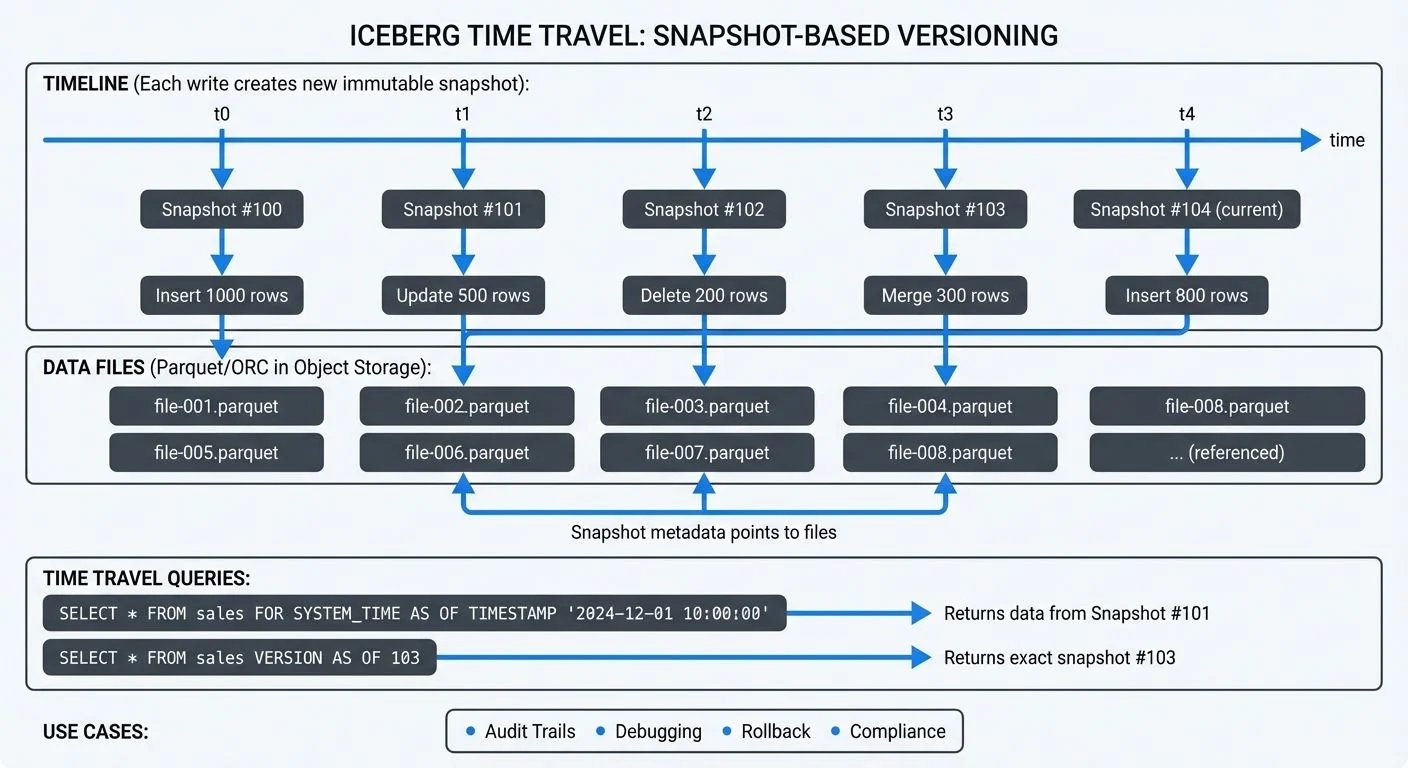 Iceberg snapshot timeline and time travel queries