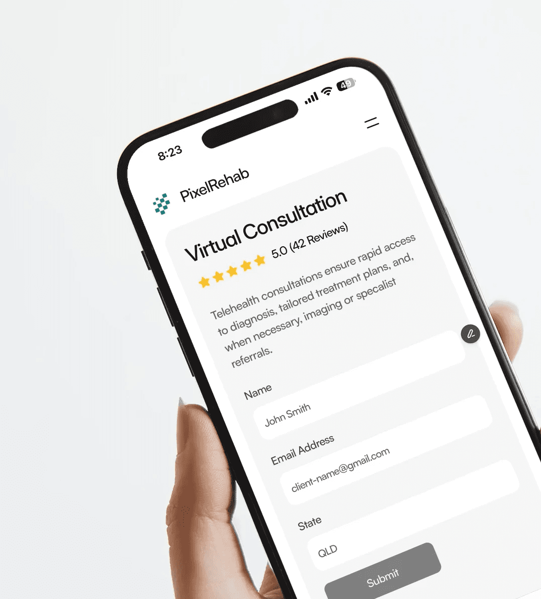 PixelRehab physiotherapy website displayed on mobile phone