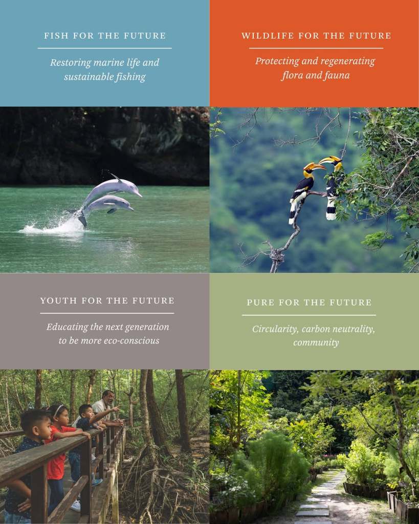 A collage showcasing four principles of sustainability at The Datai, Langkawi: Fish for the Future with dolphins, Wildlife for the Future featuring hornbills, Youth for the Future with children in a forest, and Pure for the Future highlighting a lush pathway.