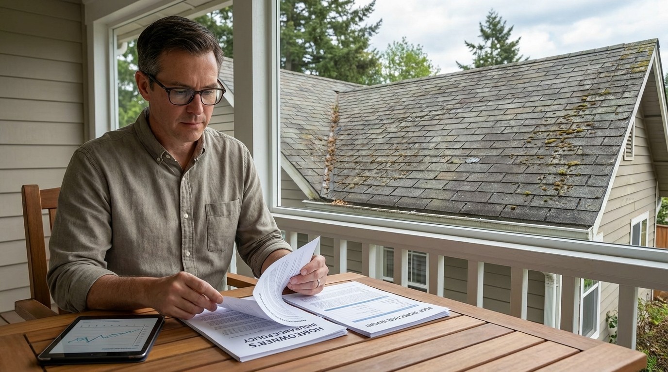 Will insurance cover a 20 year old roof showing homeowner reviewing coverage policy