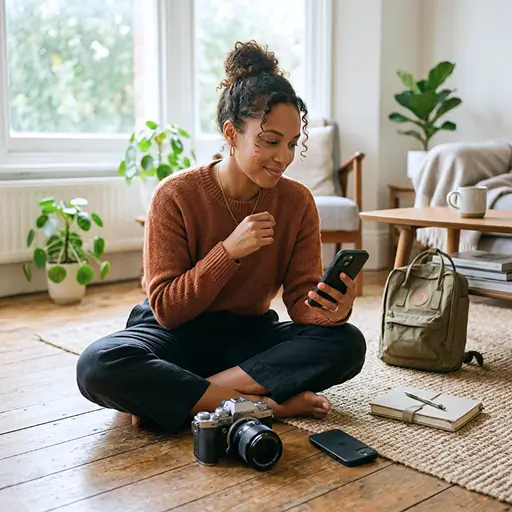 Whisprice Marketing Strategist Custom Gem Whisprice Marketing Strategist said A woman sitting on a wooden floor researching her next camera purchase on her smartphone, perfectly capturing the savvy shopper's journey with Whisprice.