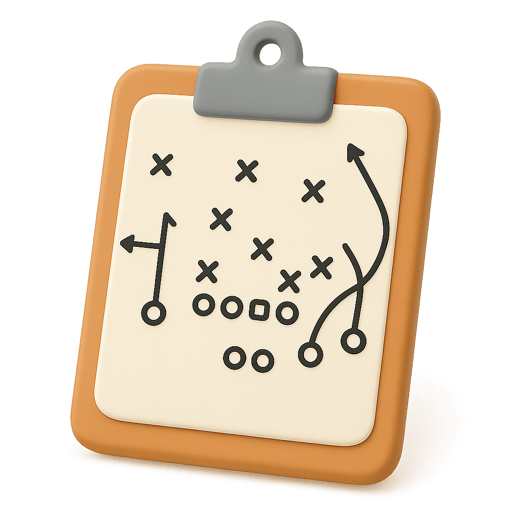 A clipboard displaying a sports play diagram with marked positions and arrows indicating movement strategies.