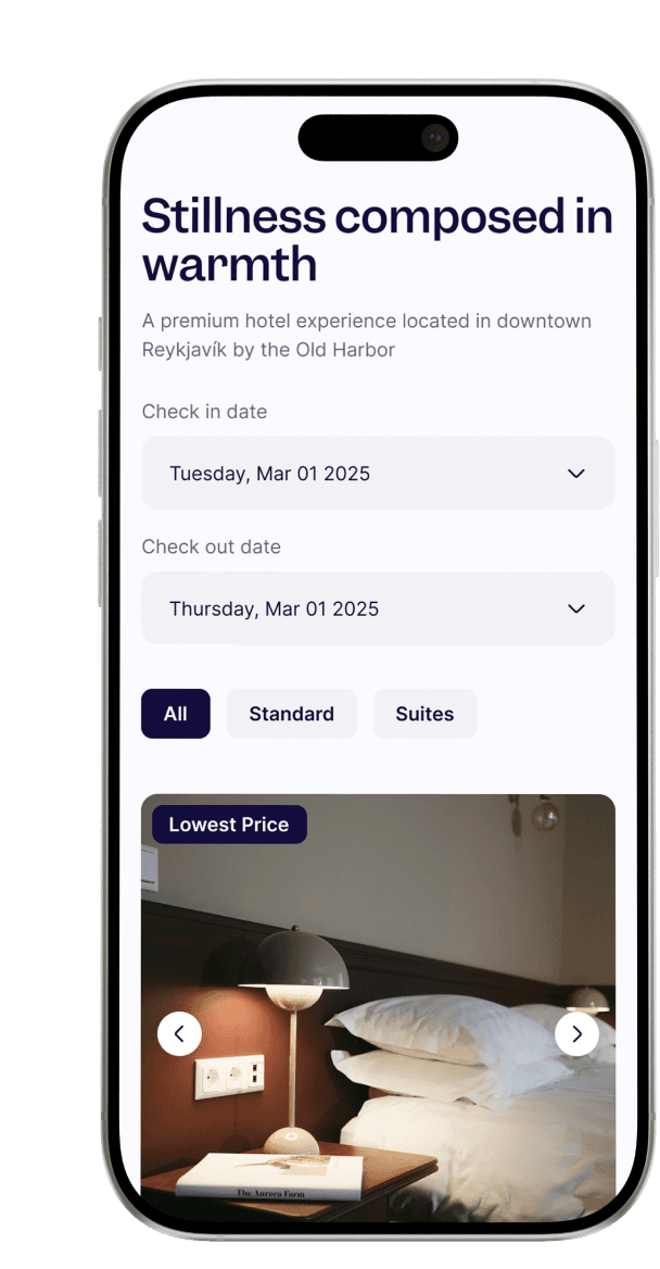 Hotel booking with dates and room options in a phone mockup