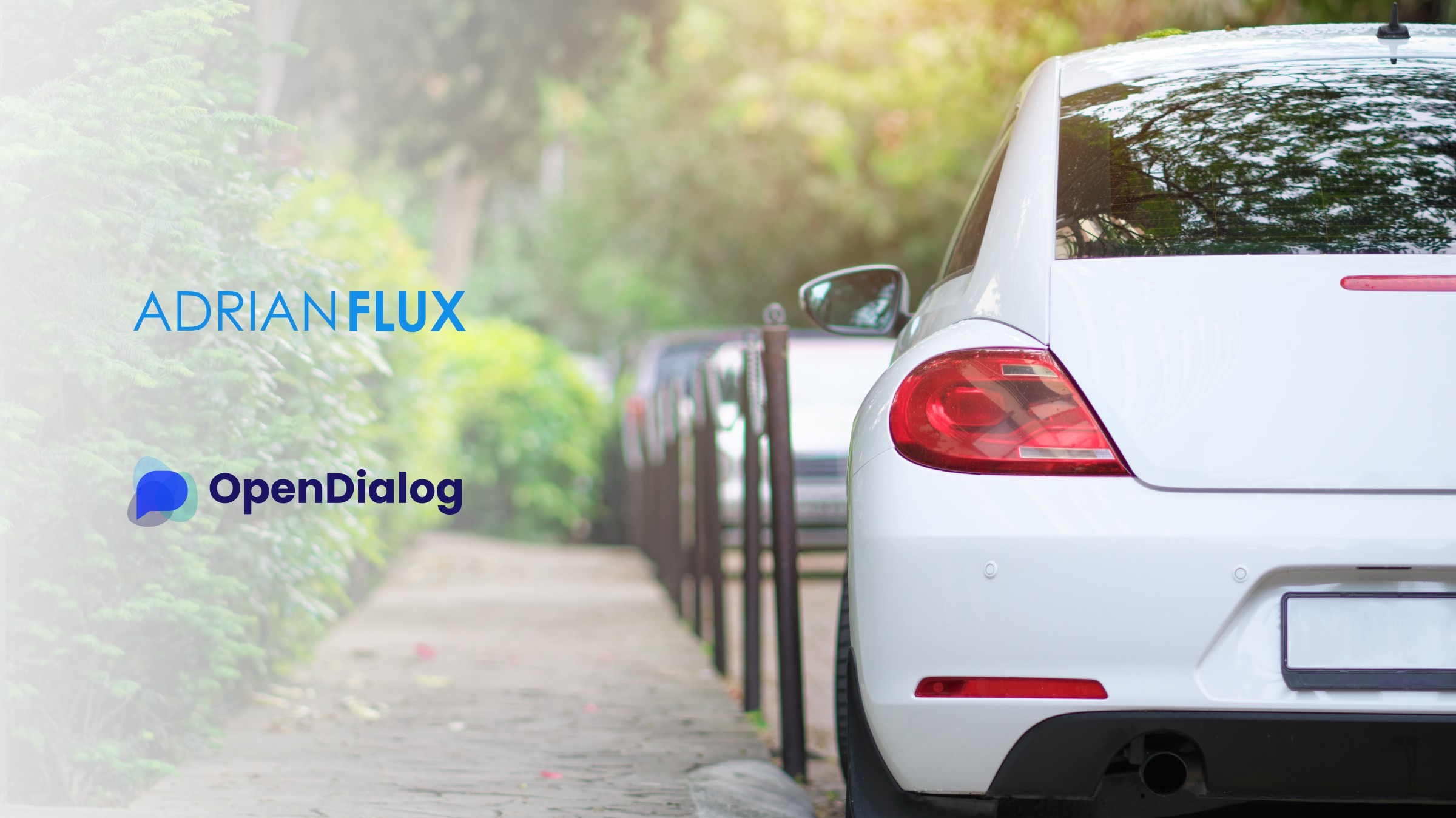 OpenDialog and Adrian Flux partnership logos on  an image of a parked car
