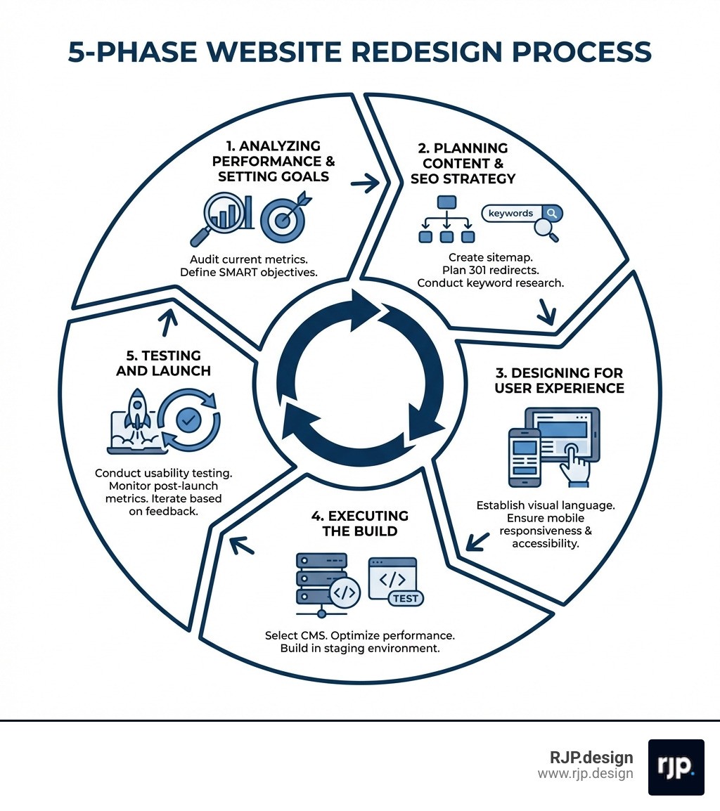Infographic showing the 5-phase website redesign process: Phase 1 - Analyzing Performance and Setting Goals (audit current metrics, define SMART objectives), Phase 2 - Planning Content and SEO Strategy (create sitemap, plan 301 redirects, conduct keyword research), Phase 3 - Designing for User Experience (establish visual language, ensure mobile responsiveness and accessibility), Phase 4 - Executing the Build (select CMS, optimize performance, build in staging environment), Phase 5 - Testing and Launch (conduct usability testing, monitor post-launch metrics, iterate based on feedback) - How to redesign website infographic 