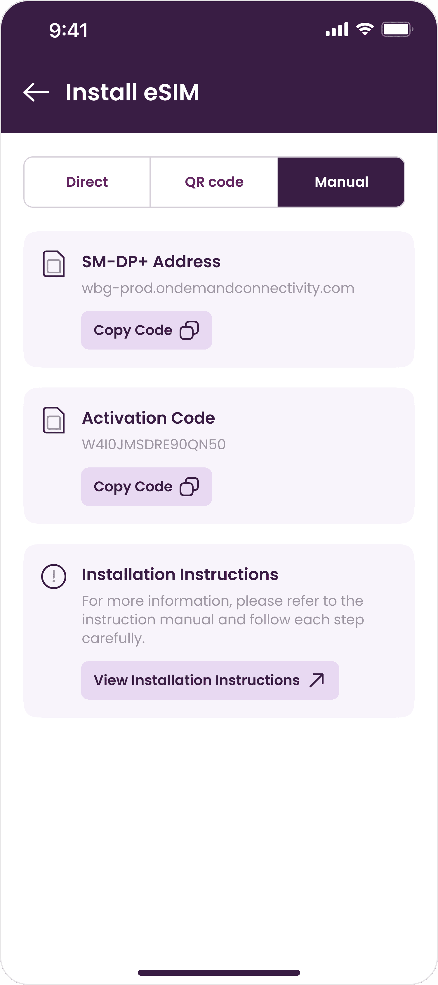 iOS manual eSIM installation screen.