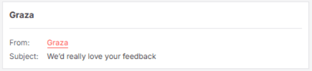 Product Review Request SL.png – A subject line from Graza requesting customer feedback.