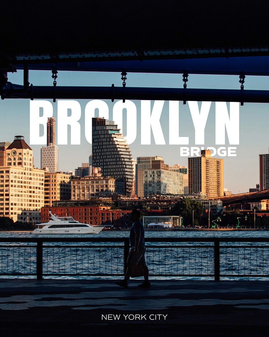 "Brooklyn Bridge – New York City" Text on Photo of person walking under bridge Photography