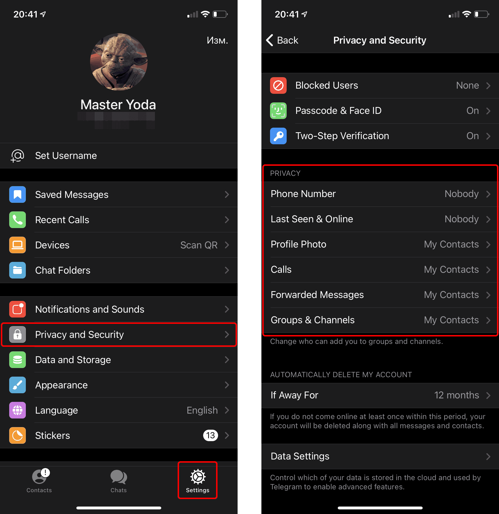 Telegram privacy settings location