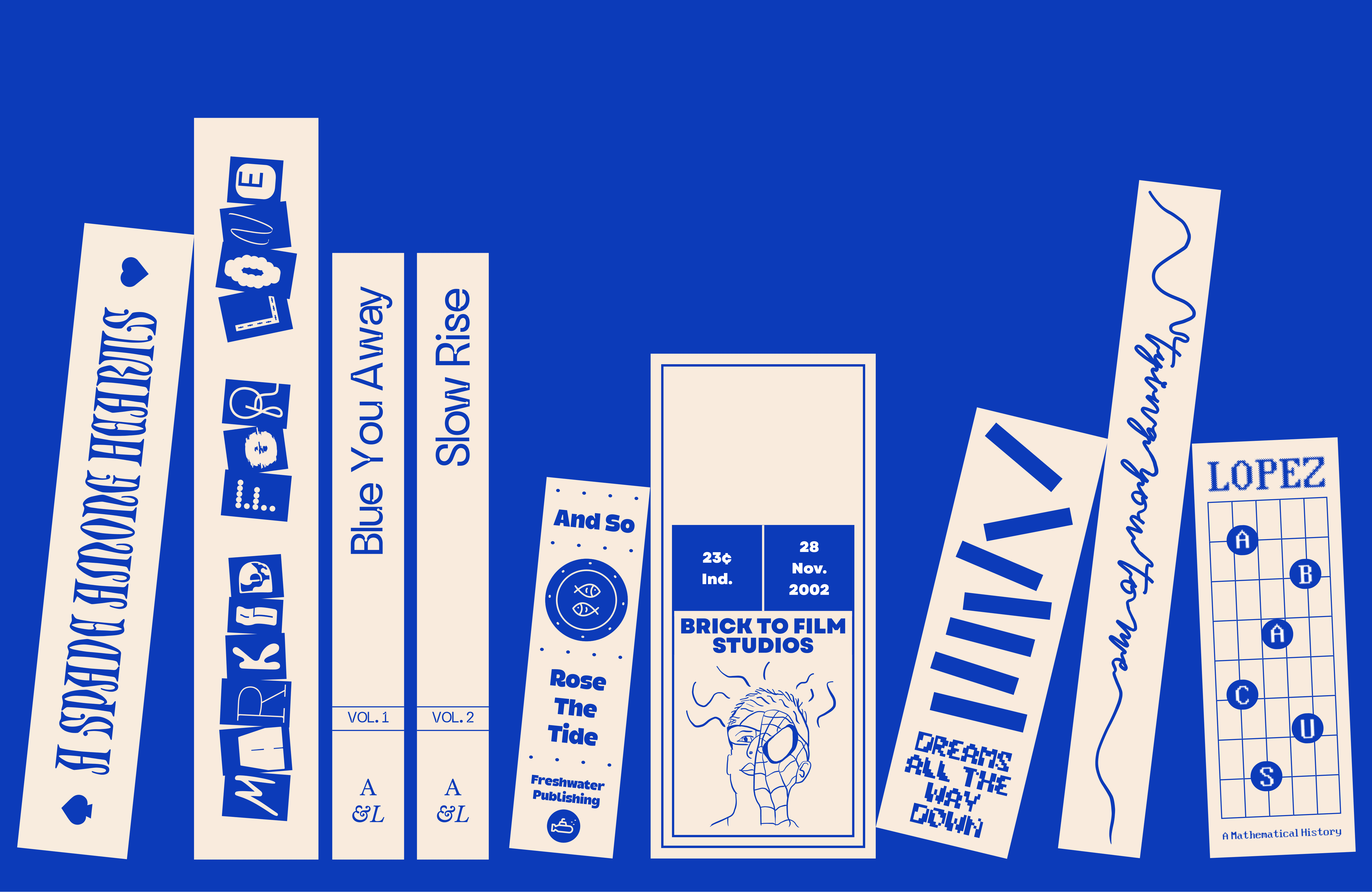 A bookshelf containing nine different titles of varying design, some leaning with others standing straight.