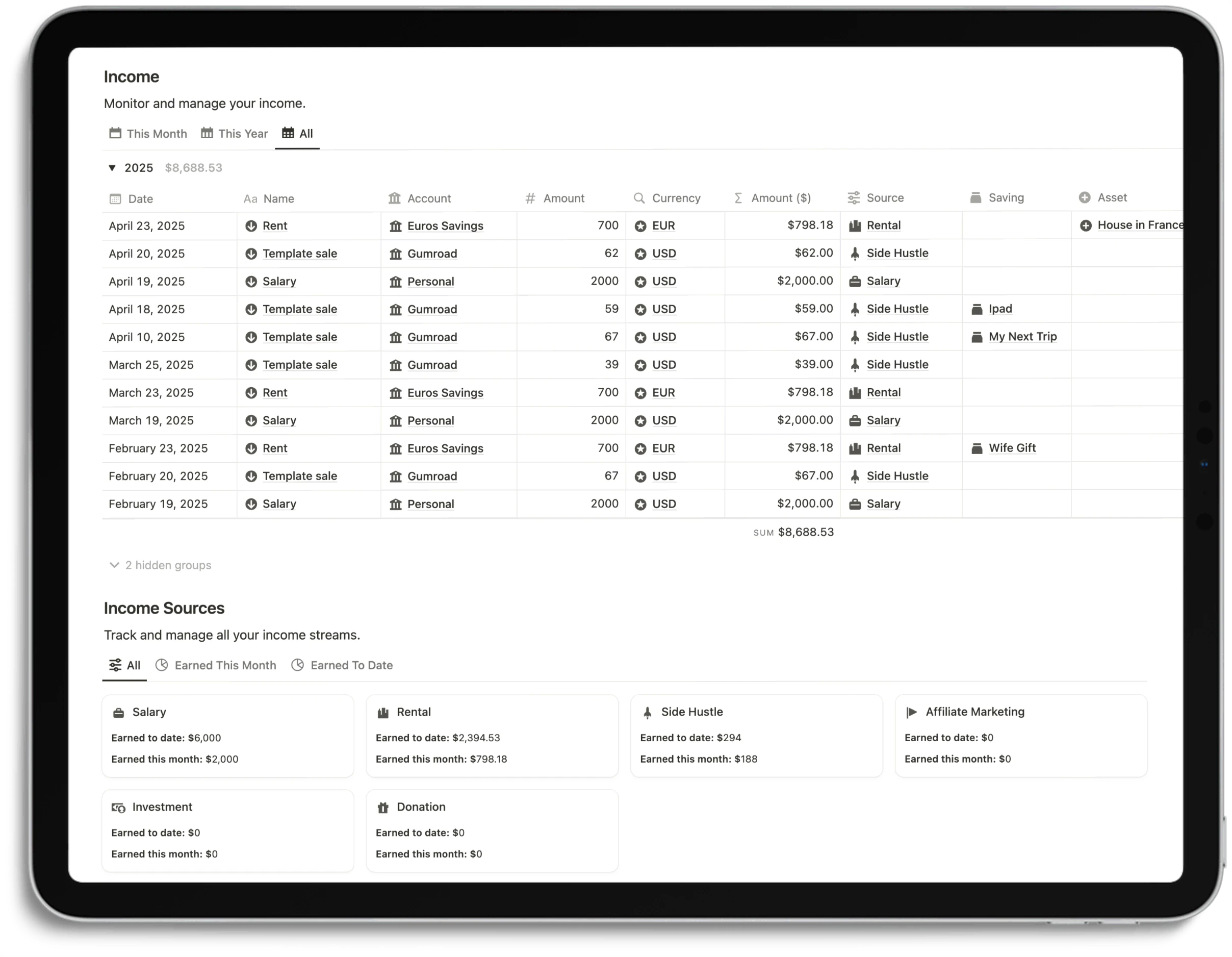 Notion Finance Tracker - Feature Income