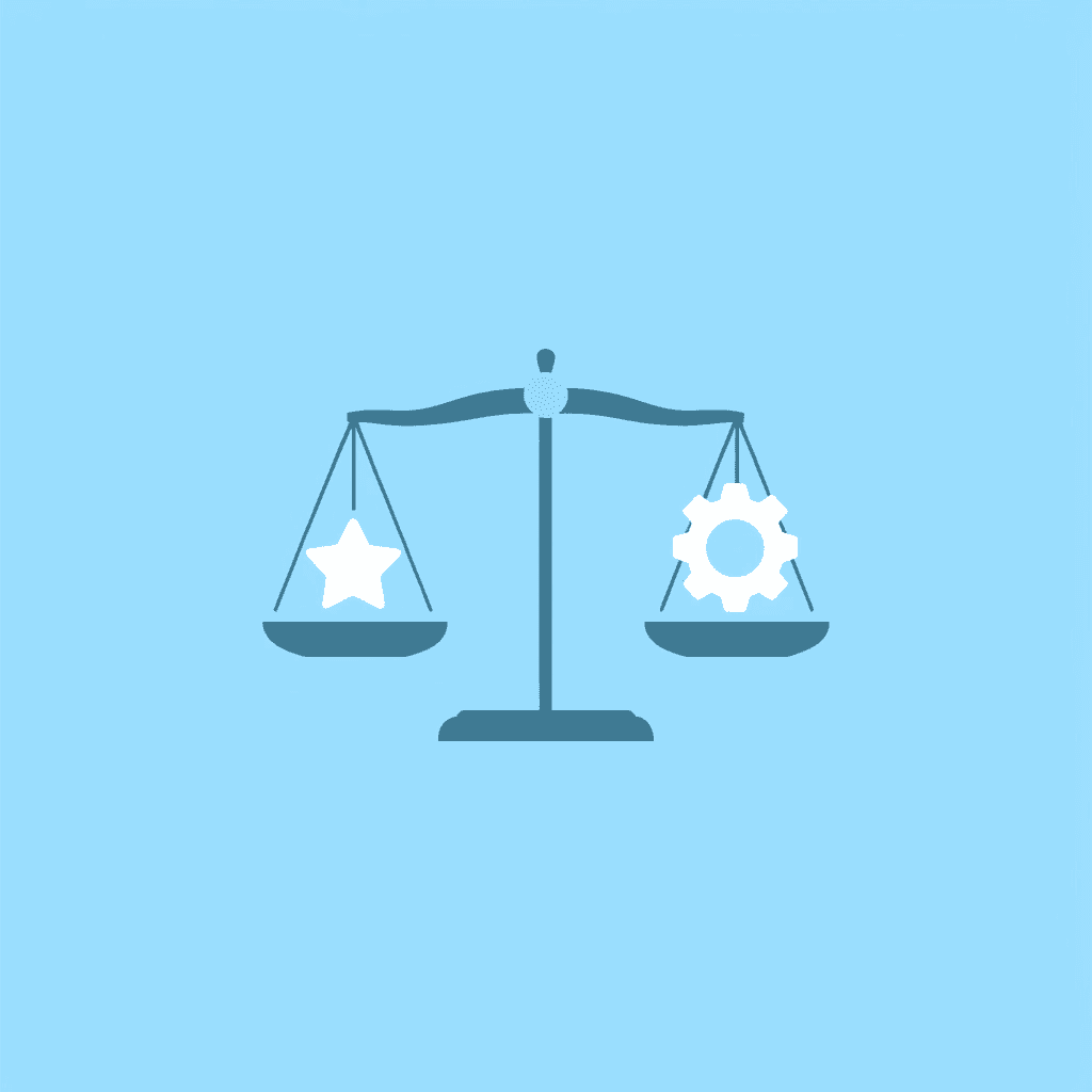 Balance scale comparing worksheet difficulty: one side shows quick completion, the other side shows frustration