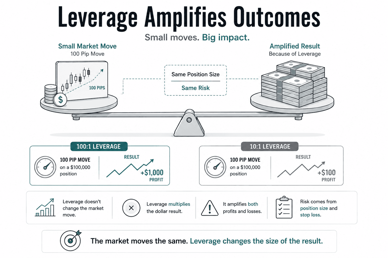 Comparison showing identical standard-lot trades opened with different leverage ratios, each displaying different margin requirements but the same ten-dollar pip value for every one-pip move.