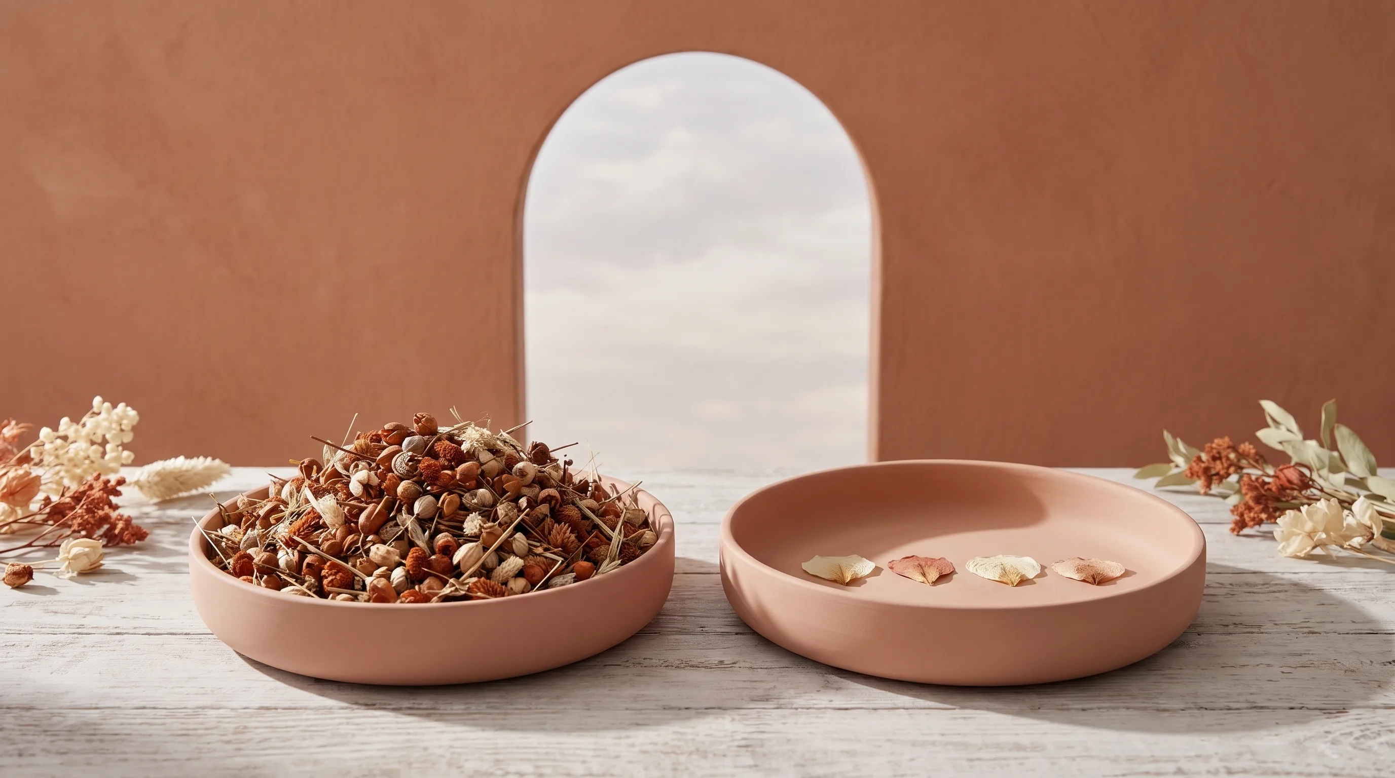 Two shallow ceramic bowls, the left heaped with seed pods and twigs, the right holding a few pressed petals