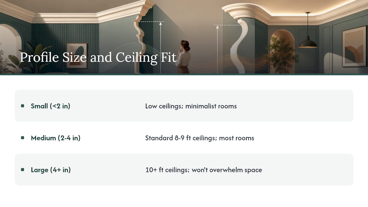 Diagram of molding size recommendations by ceiling height